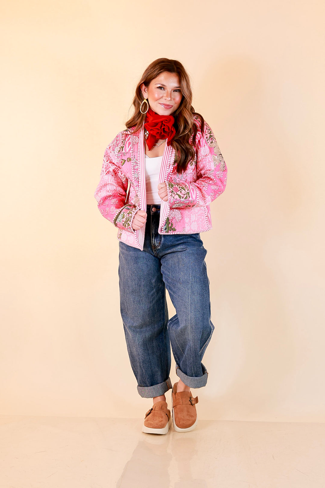 Fresh Take Quilted Patchwork Block Print Open Front Jacket with Striped Trim in Pink