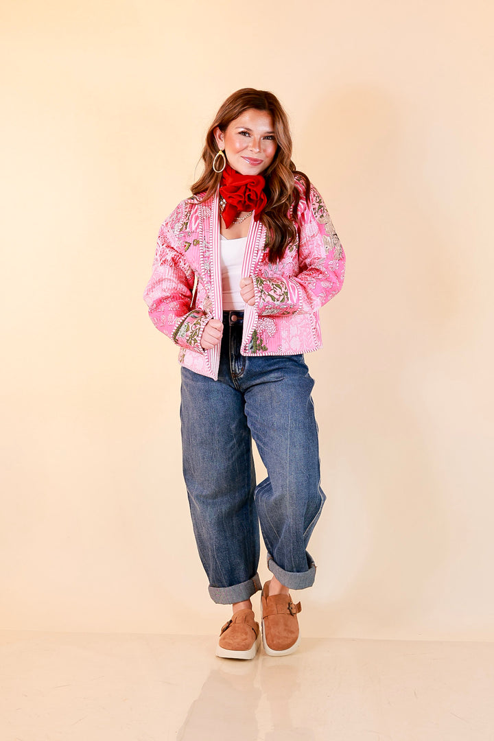 Fresh Take Quilted Patchwork Block Print Open Front Jacket with Striped Trim in Pink