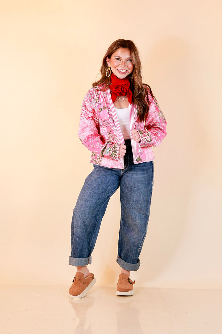Fresh Take Quilted Patchwork Block Print Open Front Jacket with Striped Trim in Pink