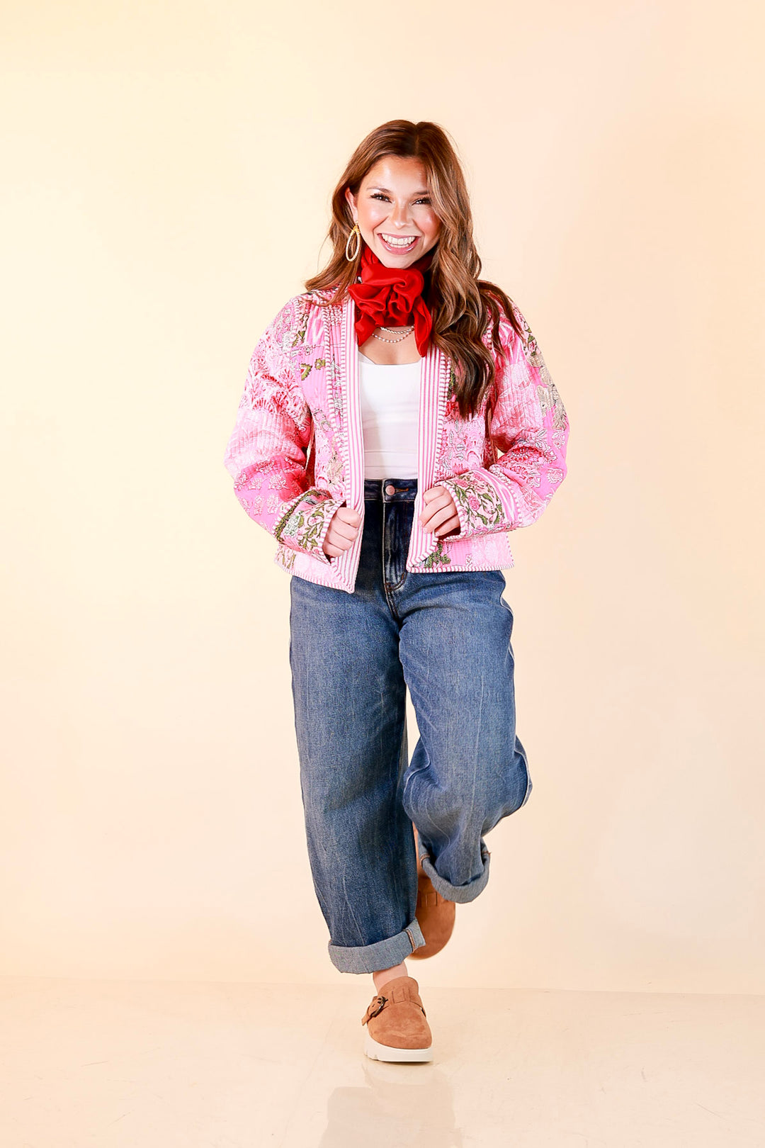 Fresh Take Quilted Patchwork Block Print Open Front Jacket with Striped Trim in Pink