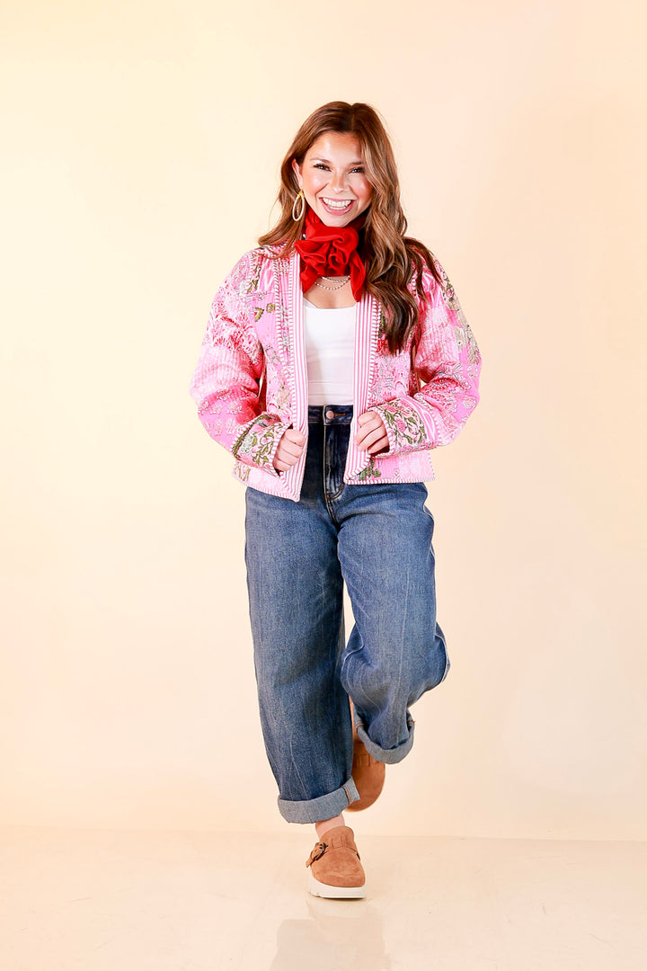 Fresh Take Quilted Patchwork Block Print Open Front Jacket with Striped Trim in Pink