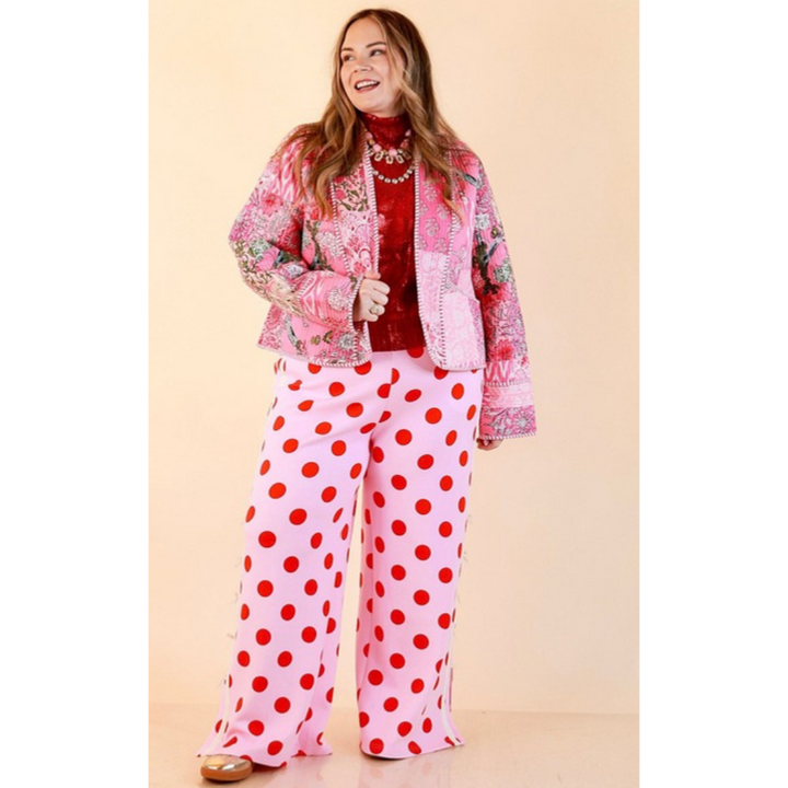 Fresh Take Quilted Patchwork Block Print Open Front Jacket with Striped Trim in Pink
