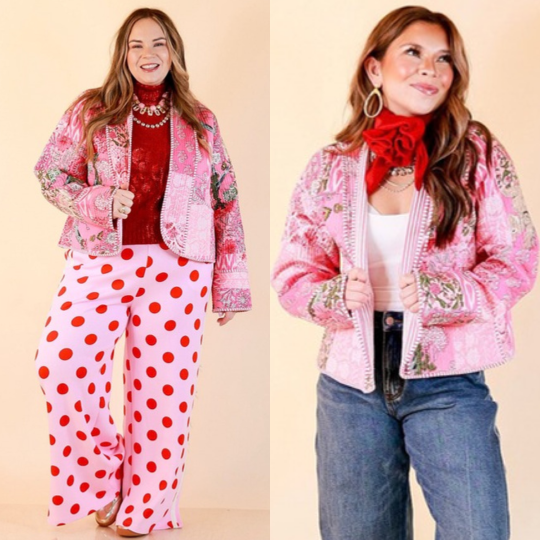 Fresh Take Quilted Patchwork Block Print Open Front Jacket with Striped Trim in Pink