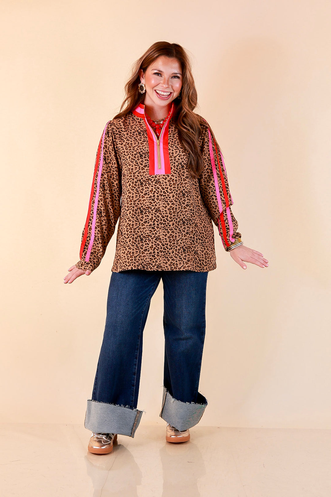Front Runner Leopard Print Quarter Zip Long Sleeve Pullover Top with Stripe Trim in Tan, Red and Pink