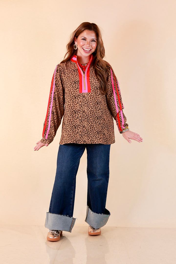 Front Runner Leopard Print Quarter Zip Long Sleeve Pullover Top with Stripe Trim in Tan, Red and Pink