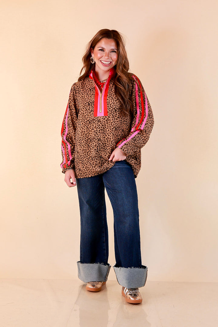 Front Runner Leopard Print Quarter Zip Long Sleeve Pullover Top with Stripe Trim in Tan, Red and Pink