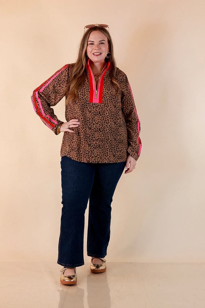 Front Runner Leopard Print Quarter Zip Long Sleeve Pullover Top with Stripe Trim in Tan, Red and Pink