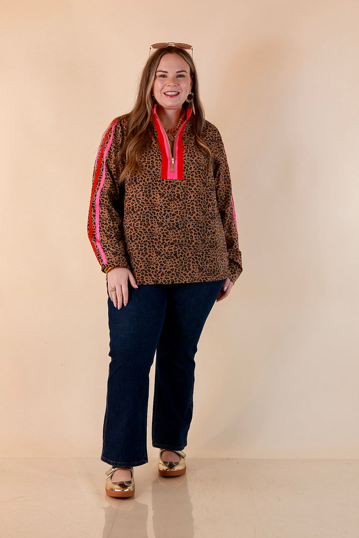 Front Runner Leopard Print Quarter Zip Long Sleeve Pullover Top with Stripe Trim in Tan, Red and Pink
