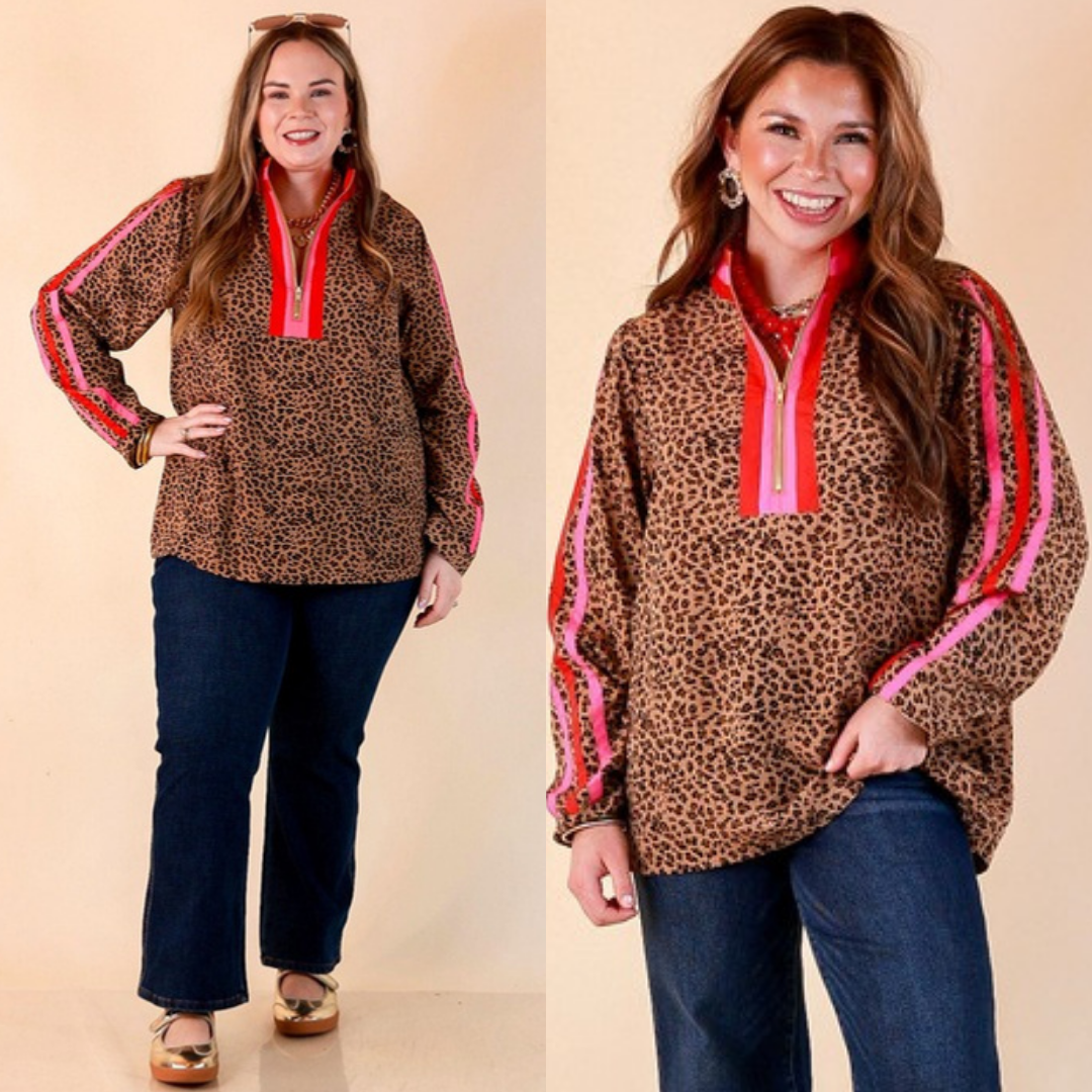 Two images of a woman wearing the Front Runner Leopard Print Quarter Zip Long Sleeve Pullover Top with Stripe Trim in Tan, Red and Pink on a beige background