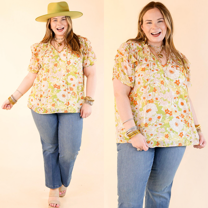 Daily Basis Front Keyhole Floral Top in Ivory and Green