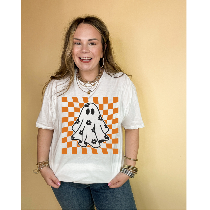 Online Exclusive | Floral Ghost Graphic Tee with Orange and White Checkered Background in Multiple Color Options