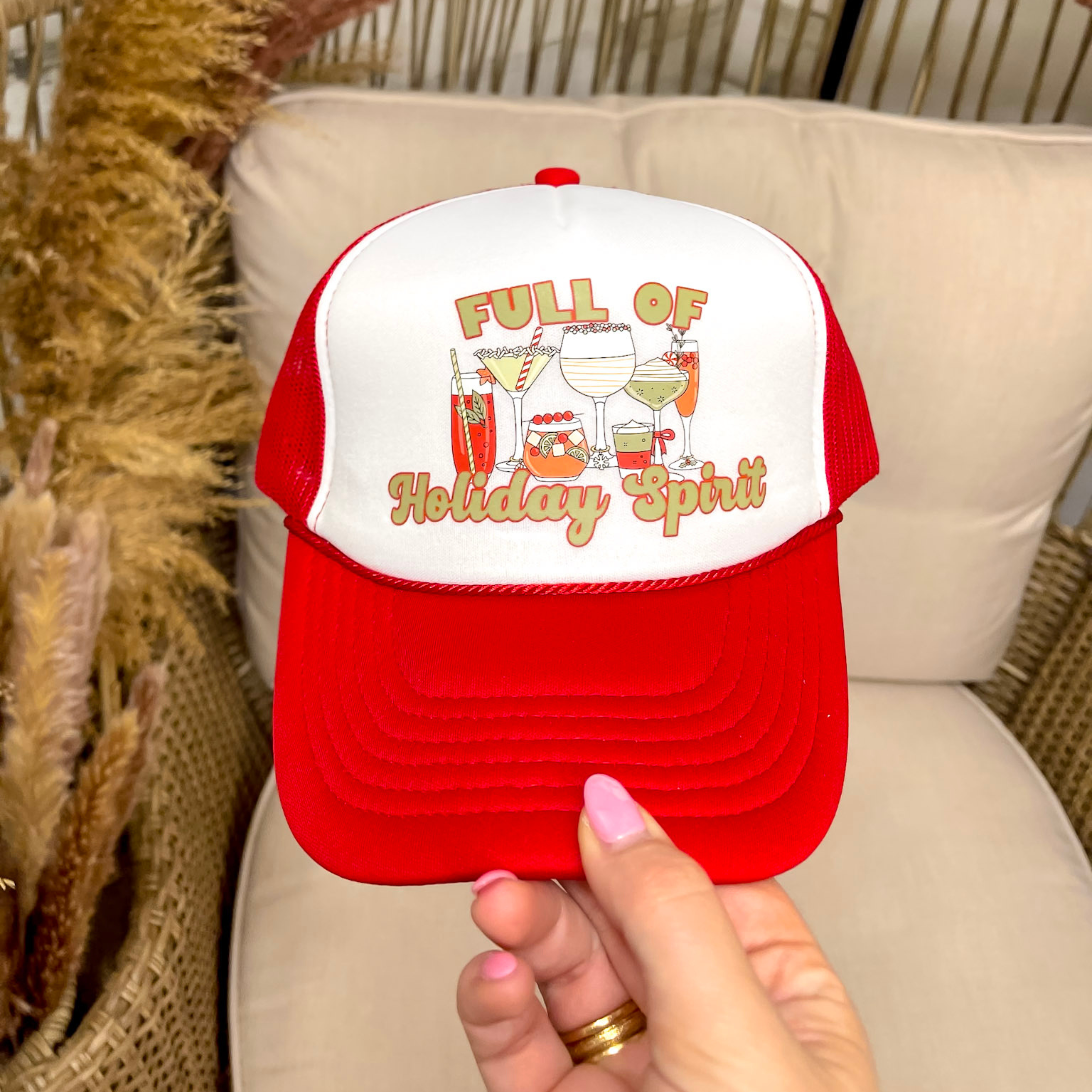 Full of Holiday Spirit Foam Trucker Hat in Red and White