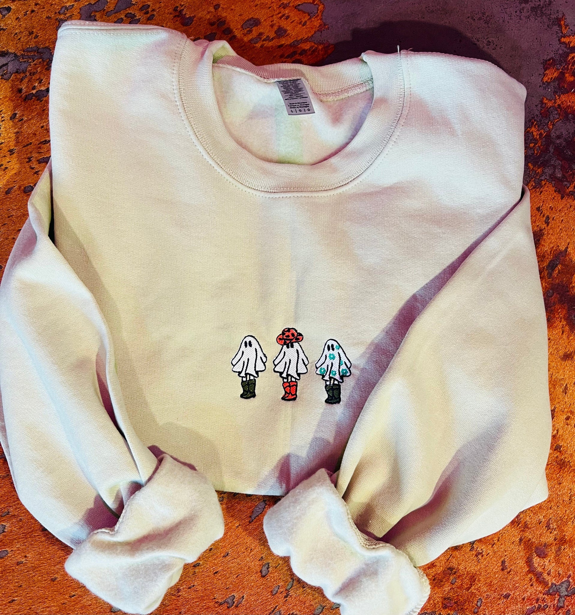 Online Exclusive | Ghoul Gang Embroidery Long Sleeve Graphic Sweatshirt in Cream - Giddy Up Glamour Boutique
