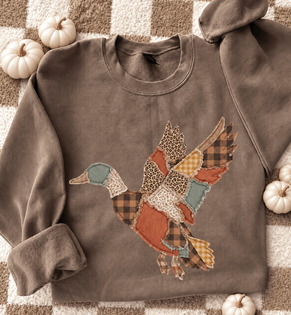 Made to Order | Gigi's Faux Patchwork Mallard Graphic Sweatshirt in Brown