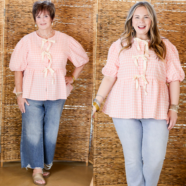 Springtime Sweetheart Gingham Print Short Puff Sleeve Top with Front Ties in Light Pink