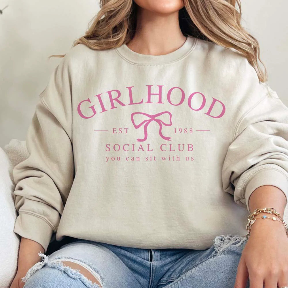Online Exclusive | Girlhood Social Club Long Sleeve Graphic Sweatshirt in Cream - Giddy Up Glamour Boutique