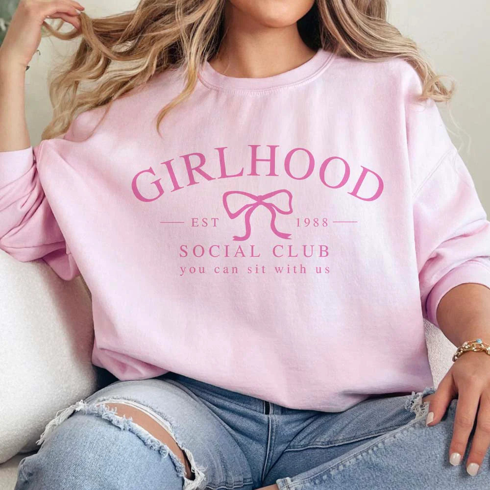 Online Exclusive | Girlhood Social Club Long Sleeve Graphic Sweatshirt in Pink - Giddy Up Glamour Boutique