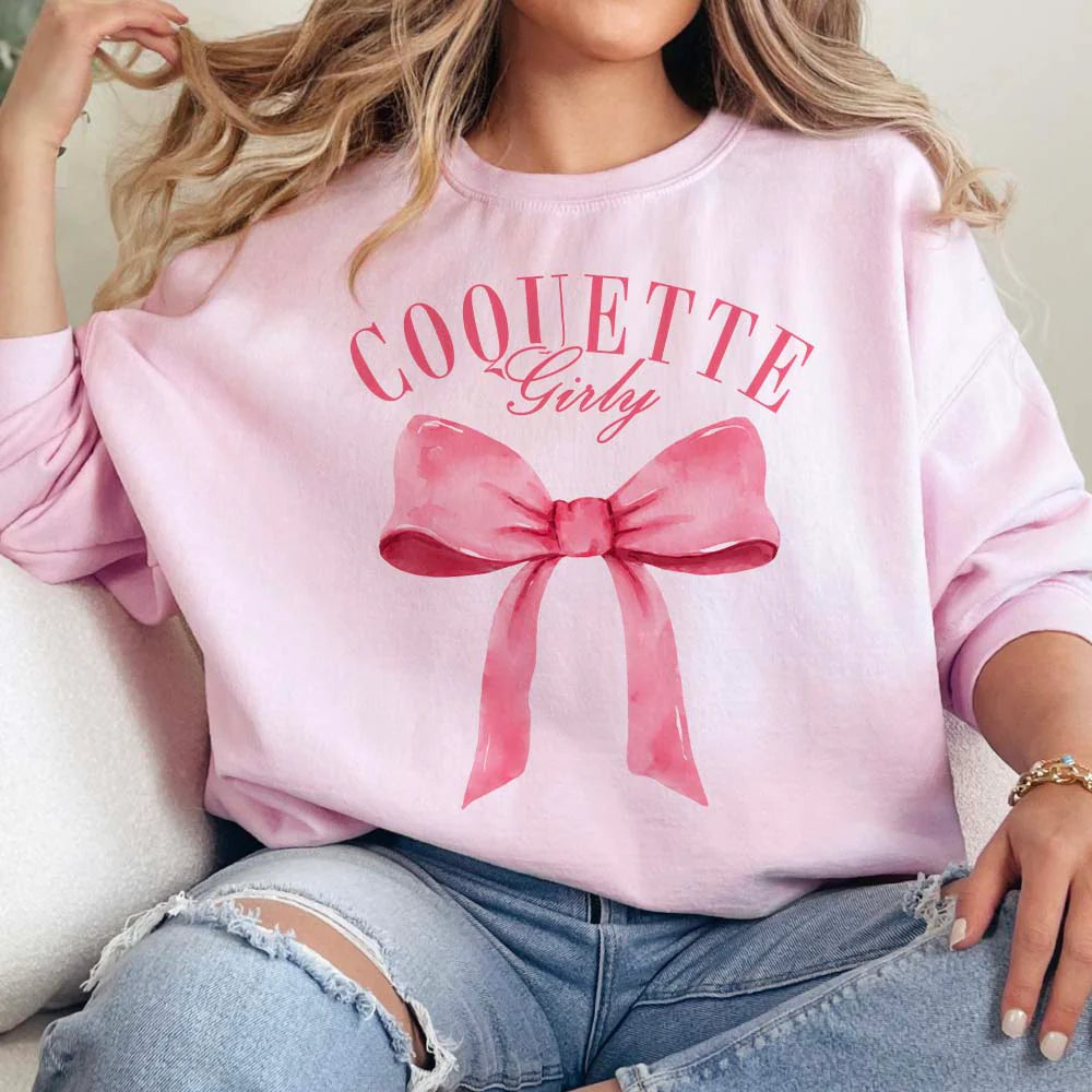 Online Exclusive | Girly Coquette Long Sleeve Graphic Sweatshirt in Pink - Giddy Up Glamour Boutique