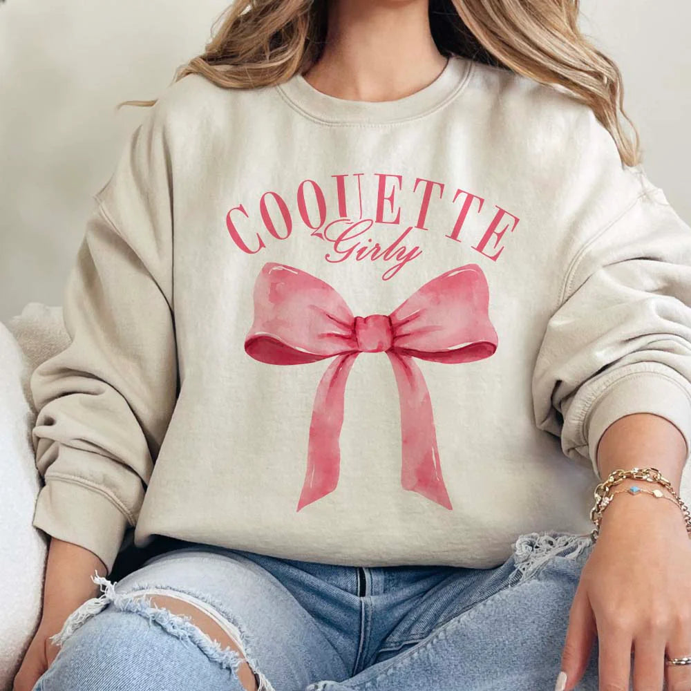 Online Exclusive | Girly Coquette Long Sleeve Graphic Sweatshirt in Cream - Giddy Up Glamour Boutique