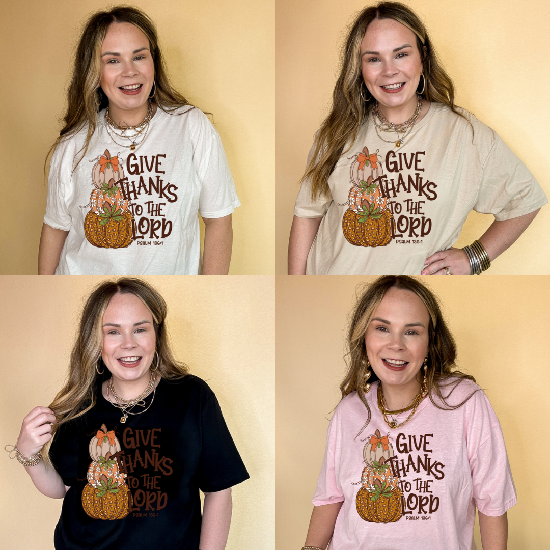 Online Exclusive | Give Thanks to the Lord Stacked autumn Pumpkins with Bow Graphic Tee in Multiple Color Options