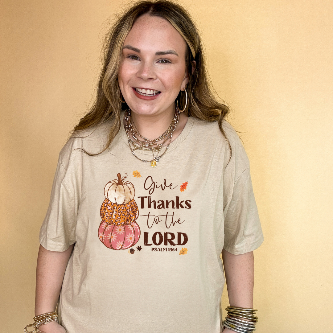 Online Exclusive | Give Thanks to the Lord Psalm 136:1 Stack of Pumpkins Graphic Tee in Multiple Color Options