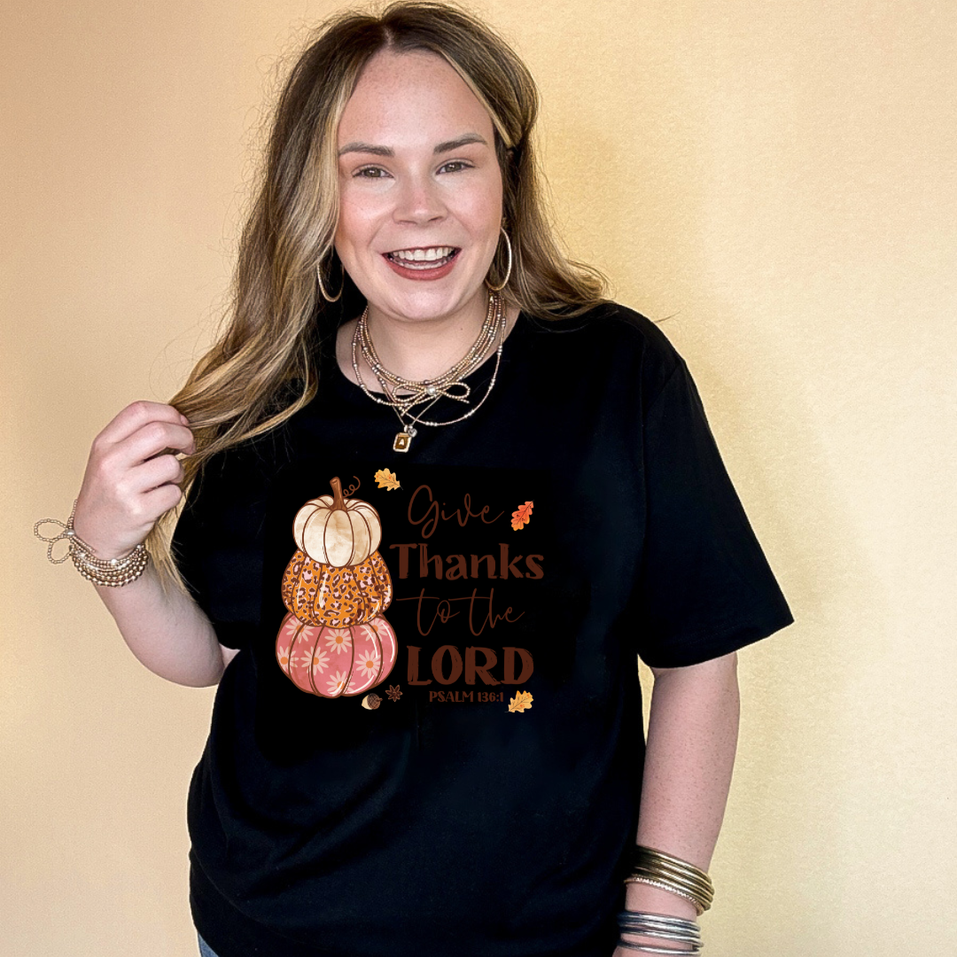 Online Exclusive | Give Thanks to the Lord Psalm 136:1 Stack of Pumpkins Graphic Tee in Multiple Color Options