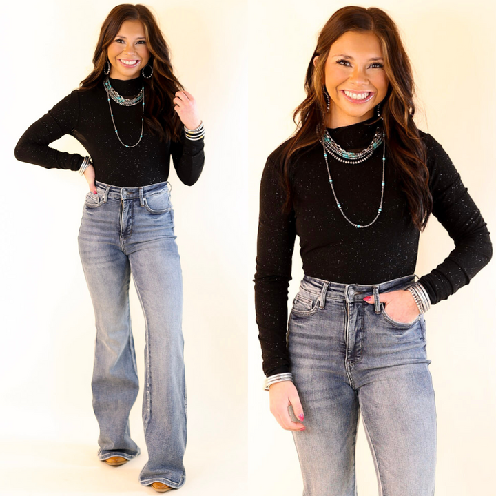 Try Your Luck Glitter Mesh Long Sleeve Bodysuit in Black