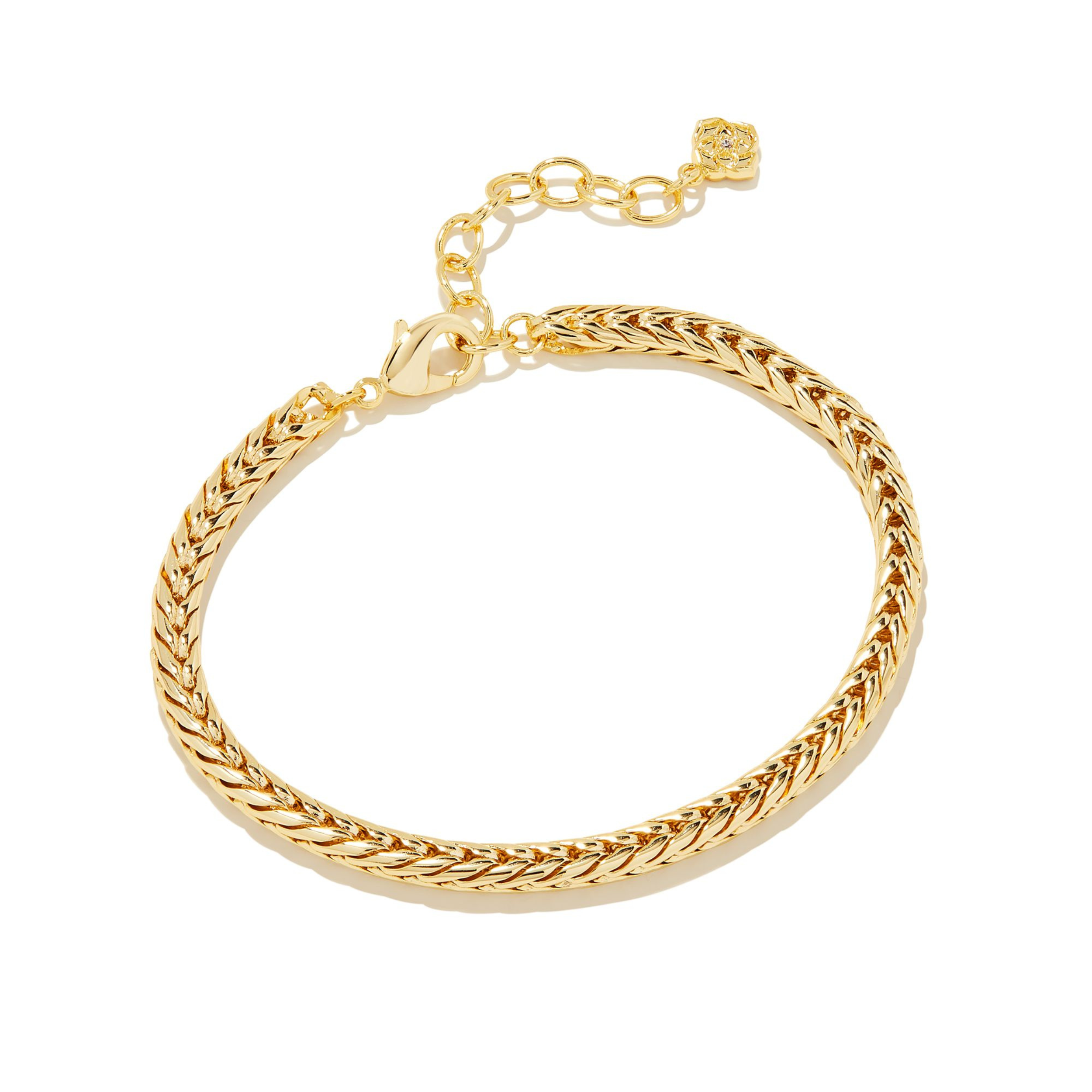 Gold chain bracelet pictured on a white background. 