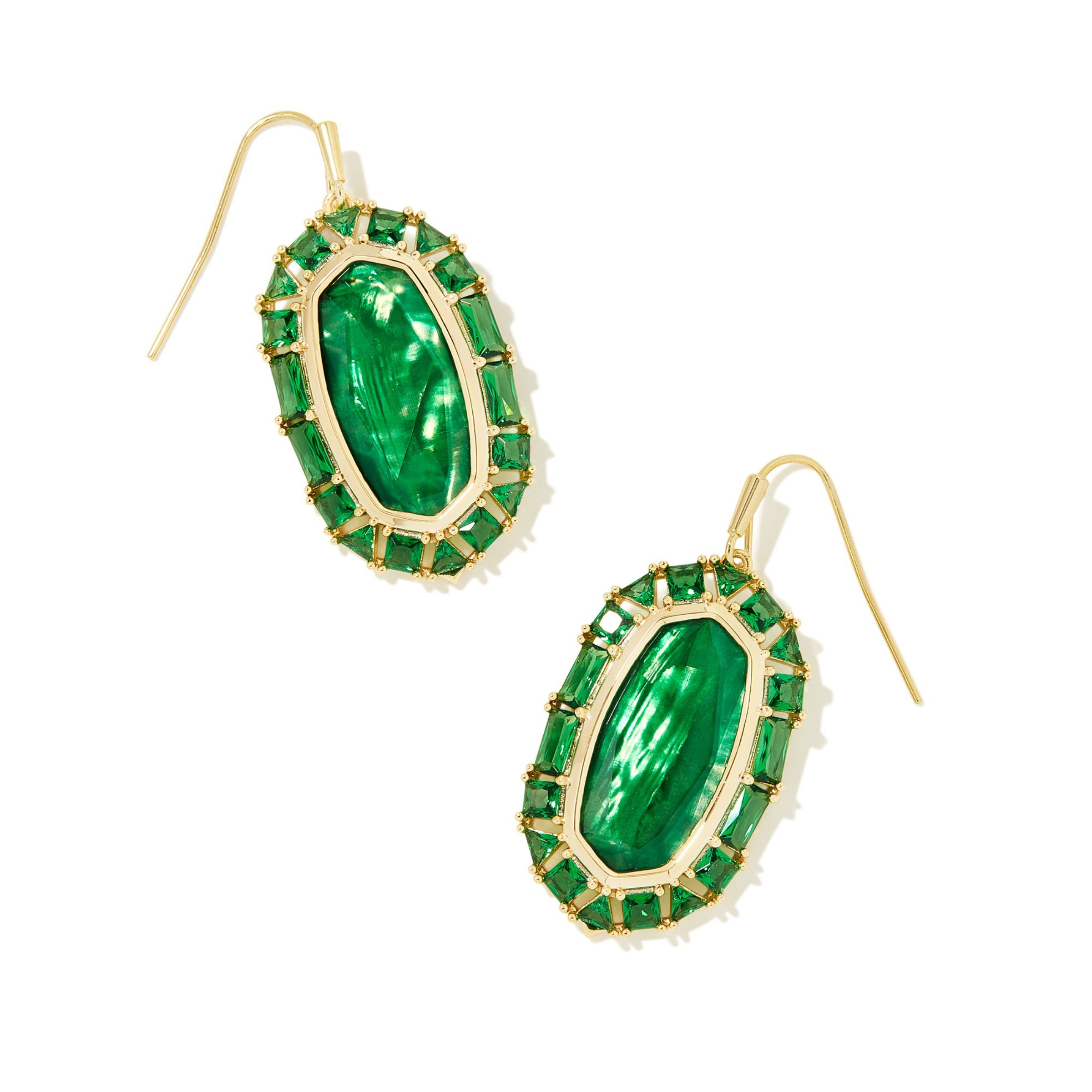 Gold, clear crystal frame drop earrings with kelly green illusion center stone pictured on a white background.