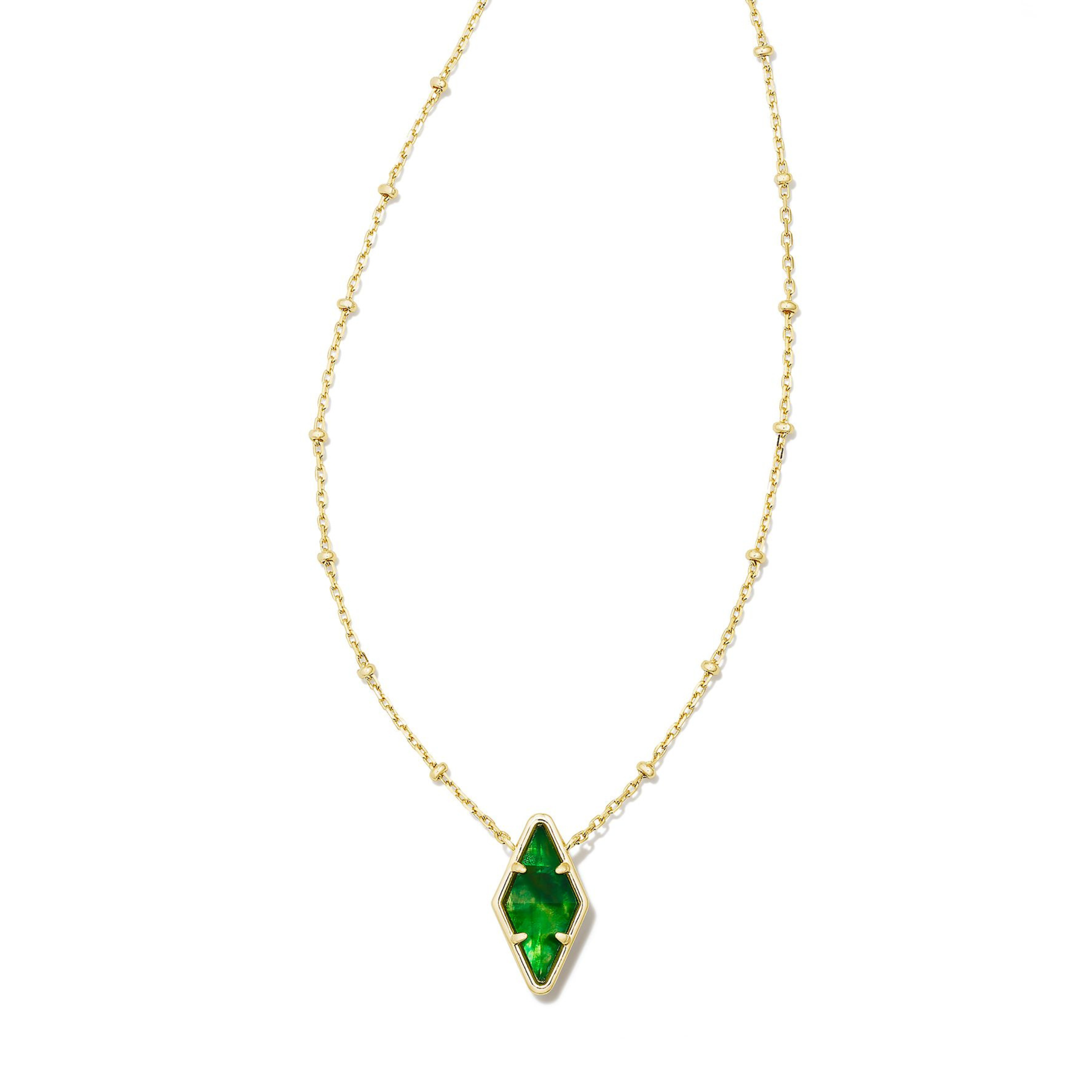 Gold necklace with diamond shaped pendant in kelly green illusion pictured on a white background.