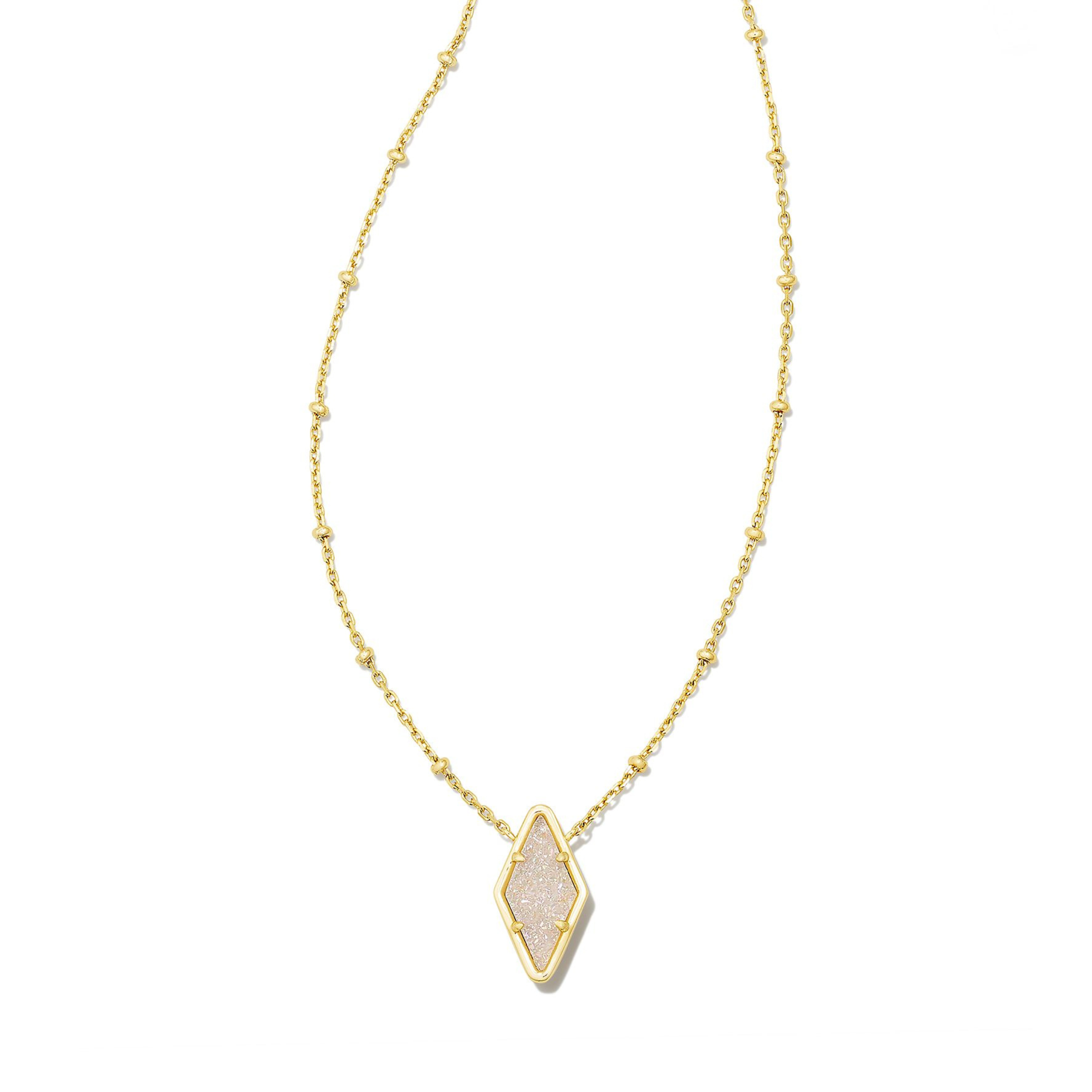 Gold necklace with diamond shaped pendant in iridescent drusy pictured on a white background.