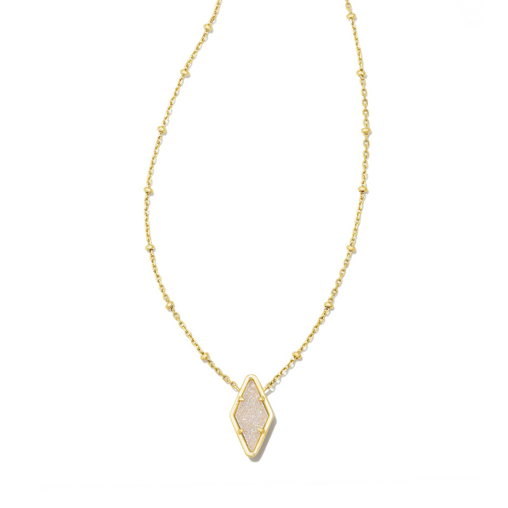 Gold necklace with diamond shaped pendant in iridescent drusy pictured on a white background.