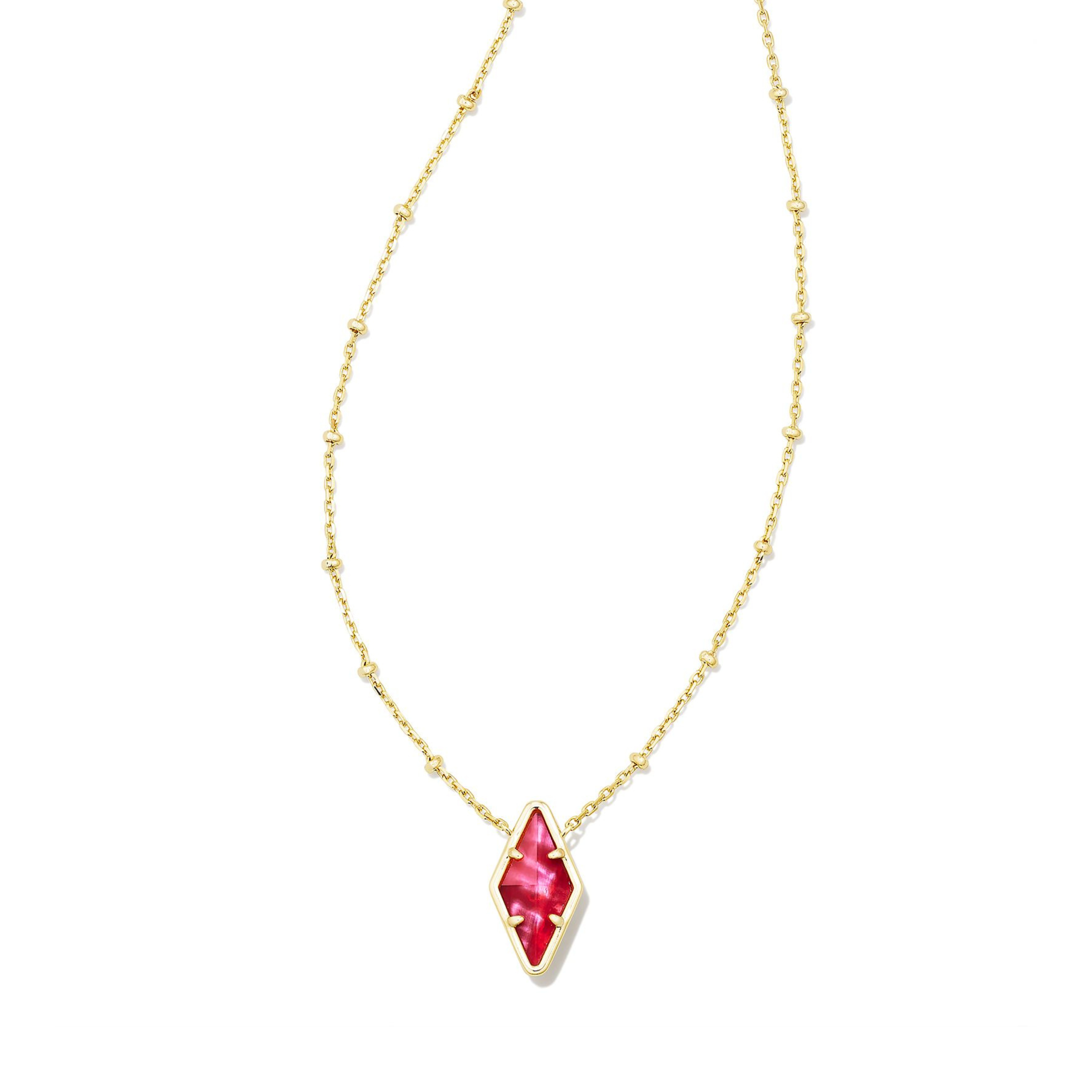Gold necklace with diamond shaped pendant in raspberry illusion pictured on a white background.