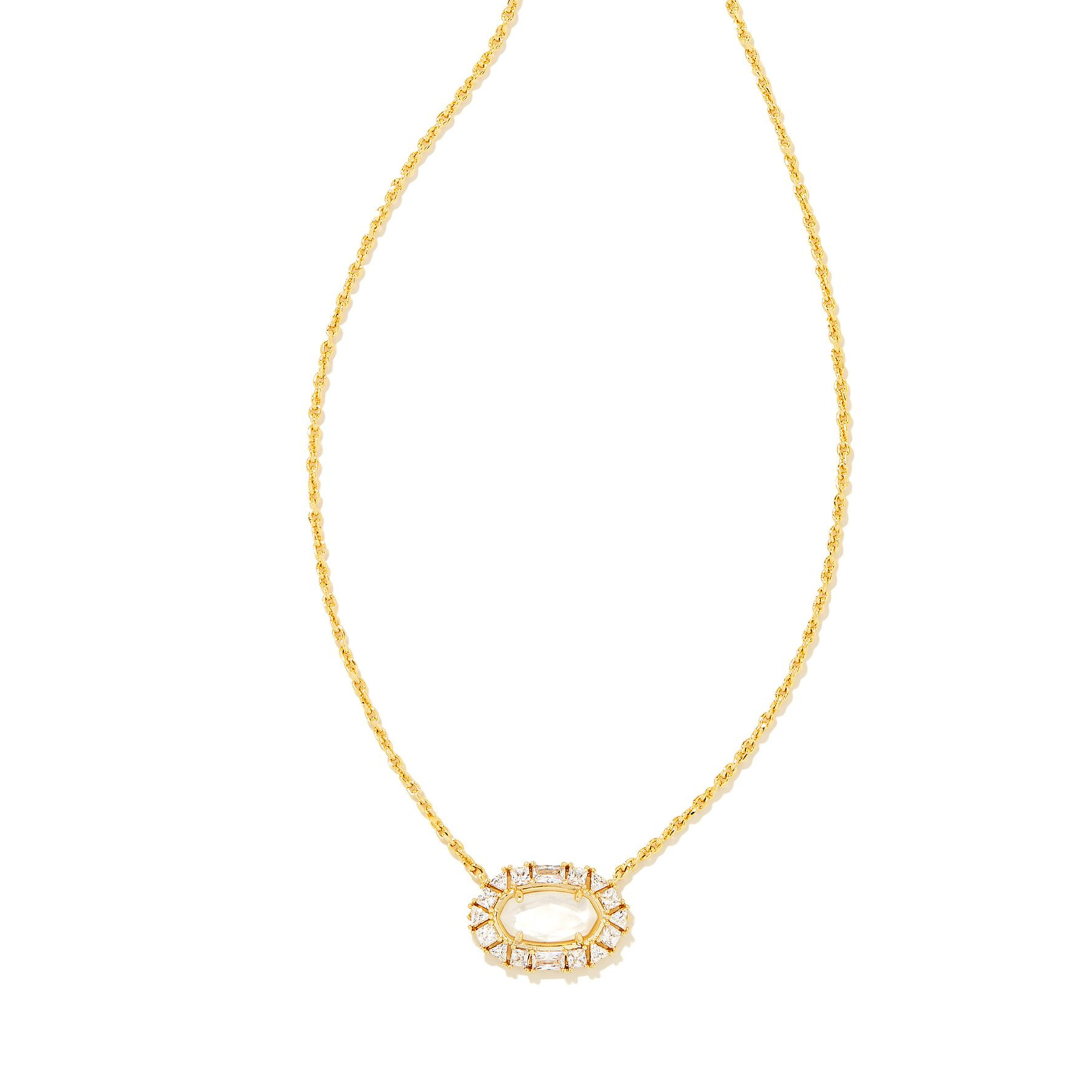 Gold chain necklace with a clear crystal and ivory mother of pearl oval pendant pictured on a white background. 