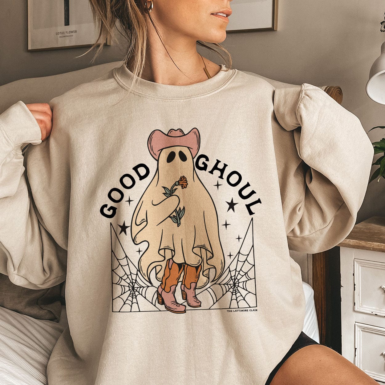 Online Exclusive | Good Ghoul Long Sleeve Graphic Sweatshirt in Cream - Giddy Up Glamour Boutique