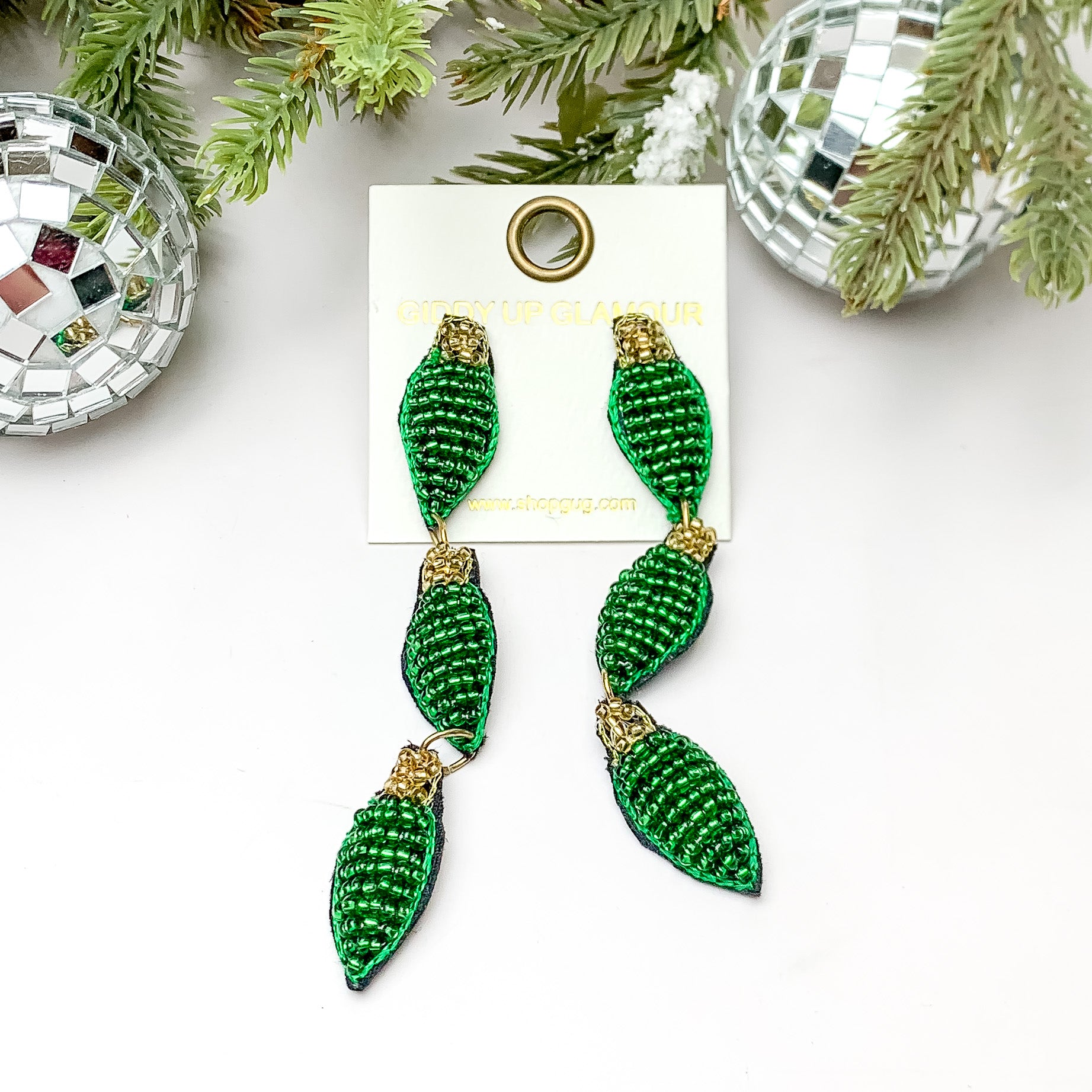 Beaded Christmas Light Drop Earrings in Green - Giddy Up Glamour Boutique