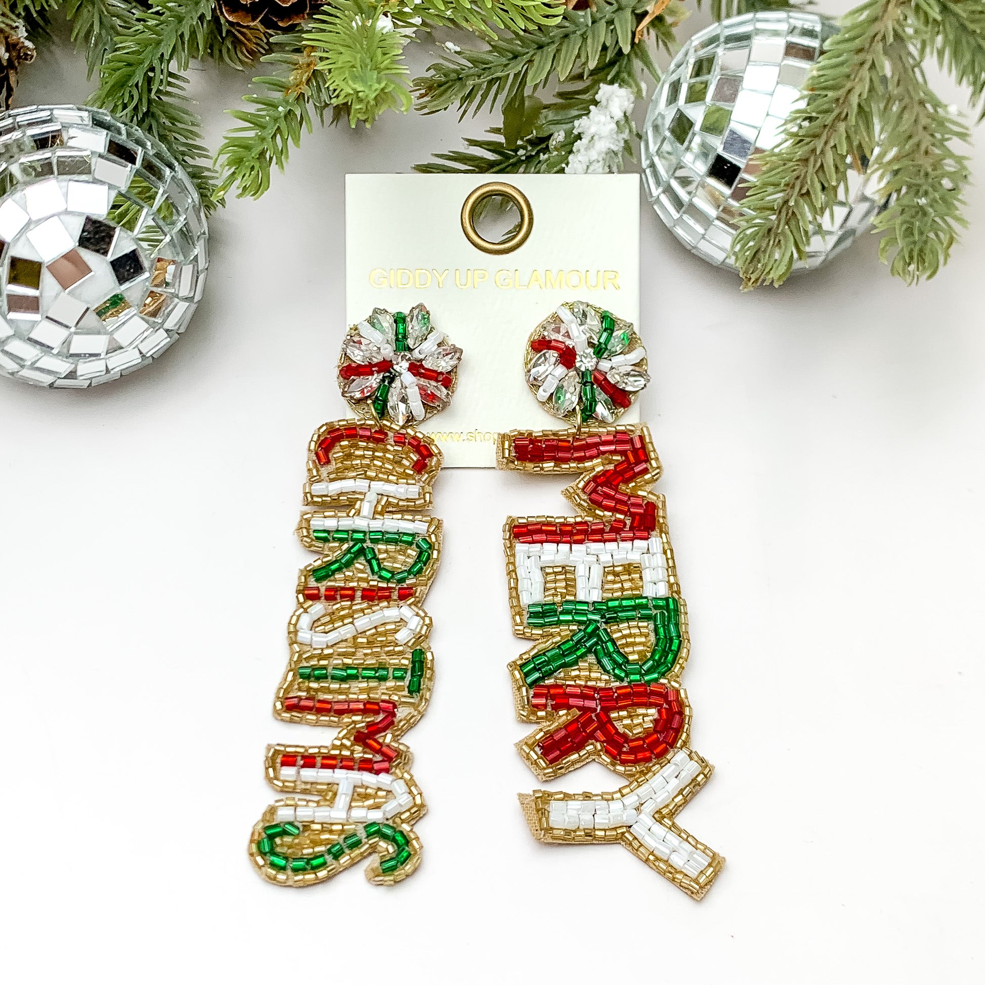 MERRY CHRISTMAS Beaded Drop Earrings in Red and Green - Giddy Up Glamour Boutique
