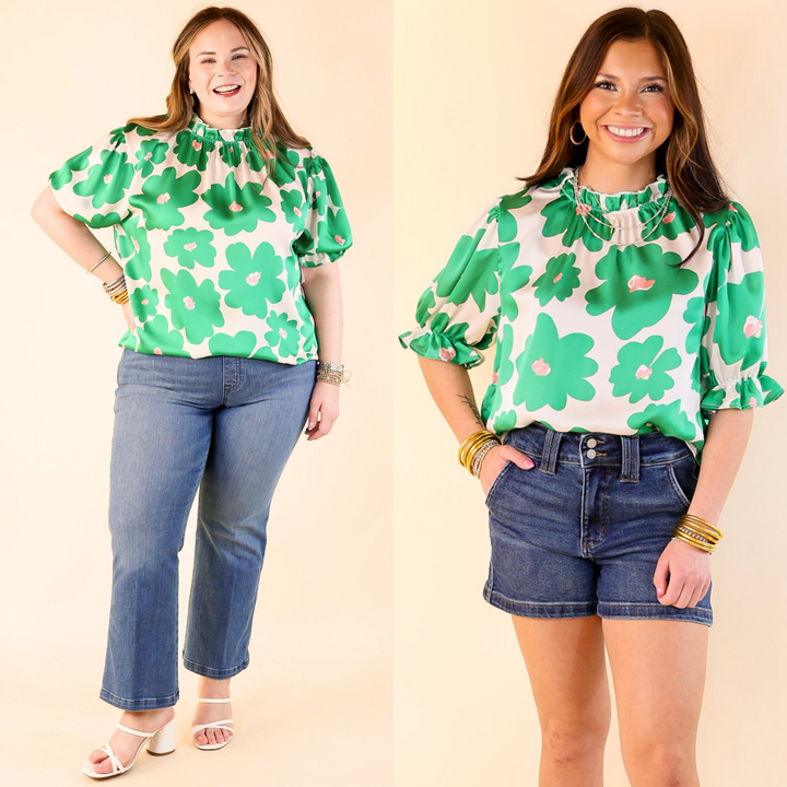Divine Design Floral Blouse With Puffed Sleeve and Ruffle Neckline in Green