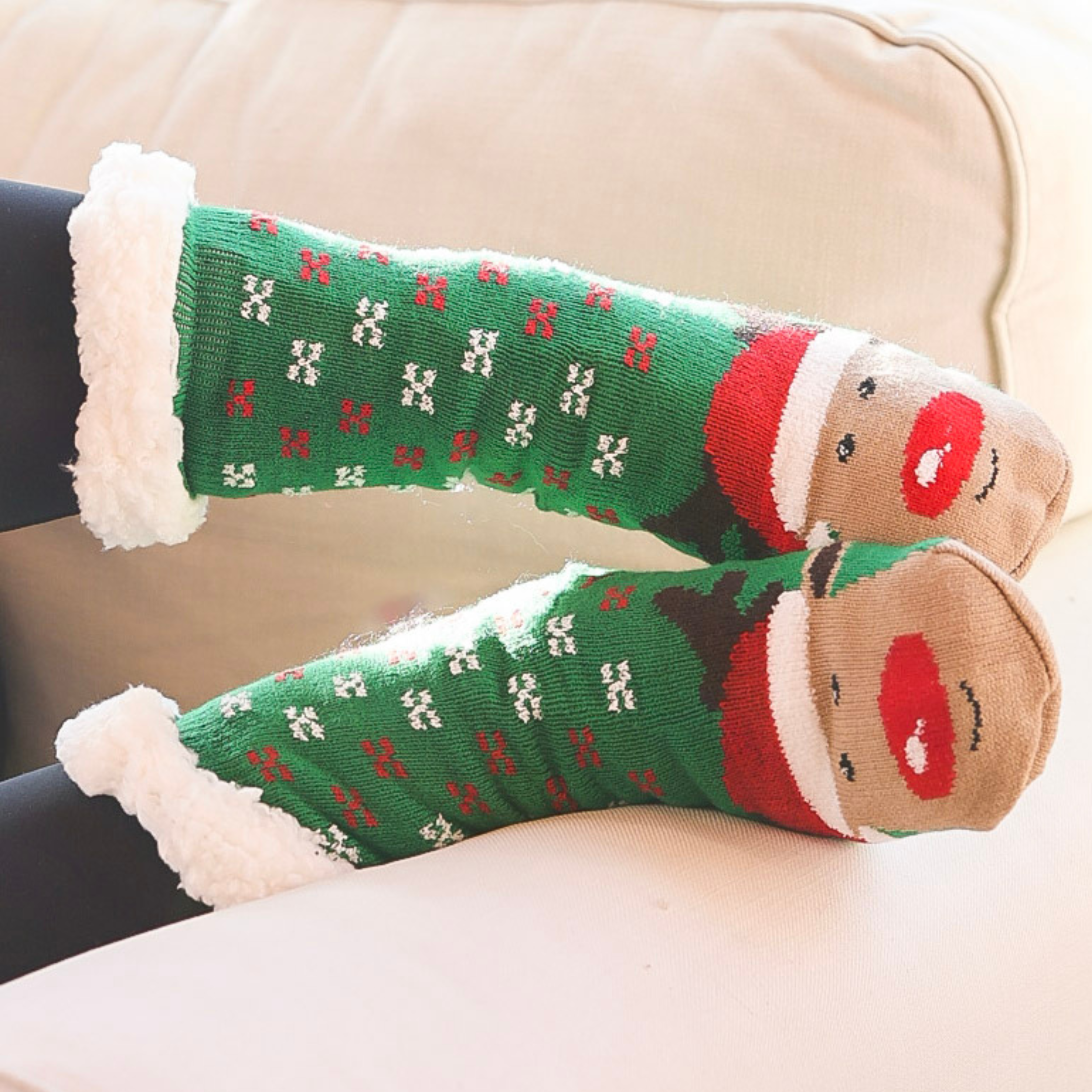 Plush Sherpa Reindeer Slipper Socks in Green