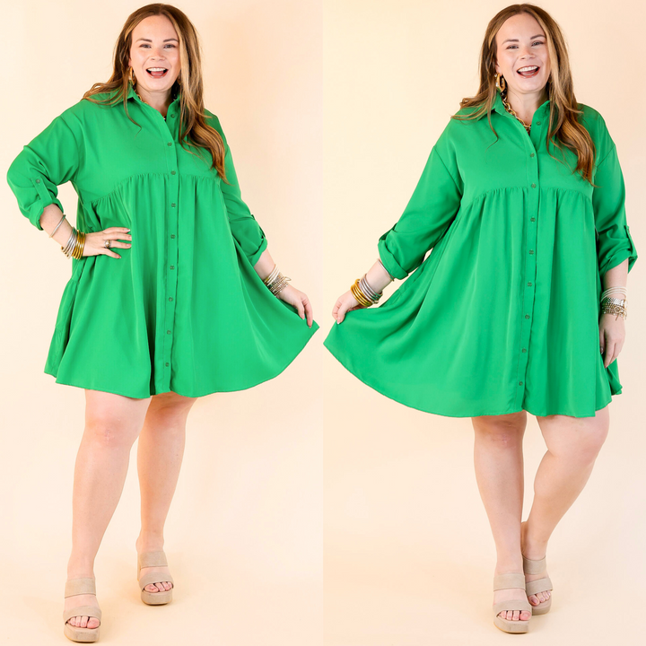 Risky Business Button Up Babydoll Dress in Green