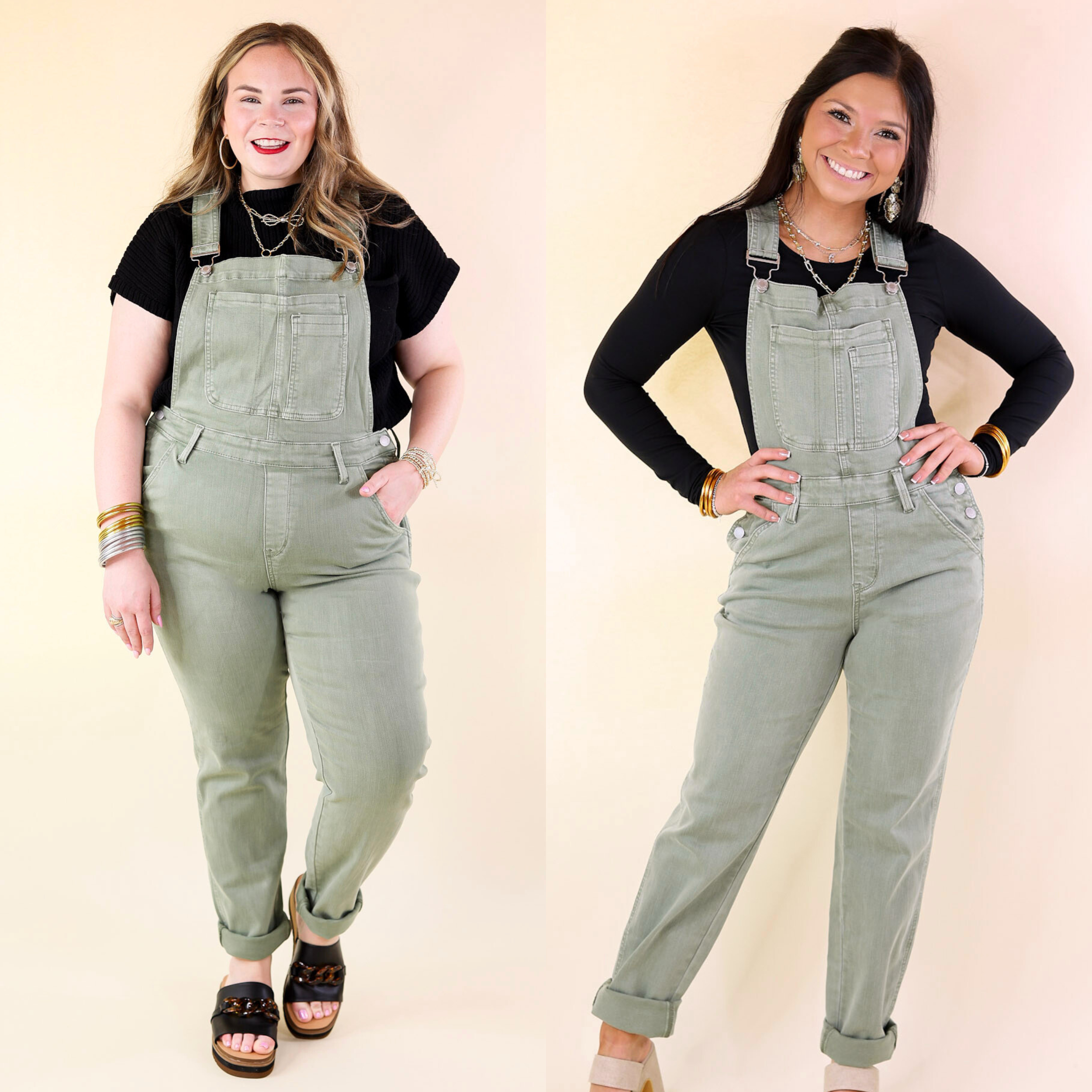 Judy Blue | Start The Bonfire Denim Garment Dyed Overalls in Sage Green - Giddy Up Glamour Boutique