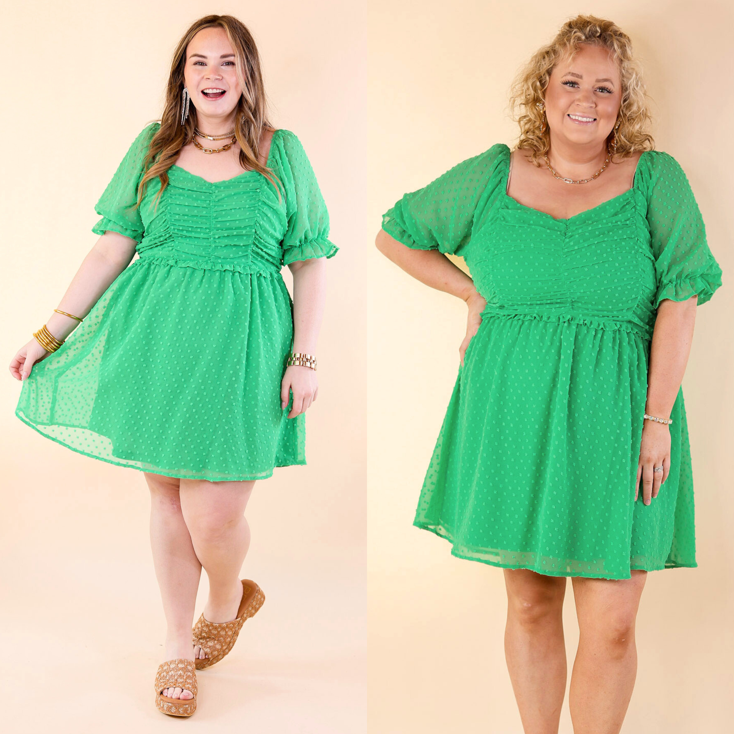 Favorite Adventure Swiss Dot Dress with Short Balloon Sleeves in Green - Giddy Up Glamour Boutique