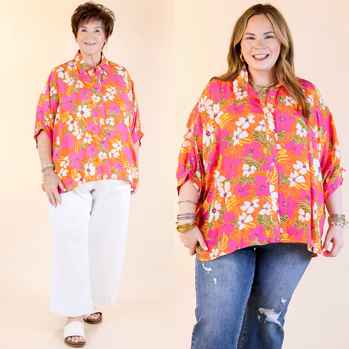 It includes a button up front, collared neckline, drop sleeves, a poncho style body, and a business casual flare. Available in sizes S/M and M/L. 