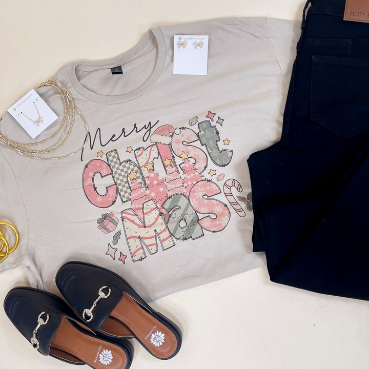 Online Exclusive | Merry Christmas Hand Drawn Graphic Tee with Christmas Icons in Multiple Color Options