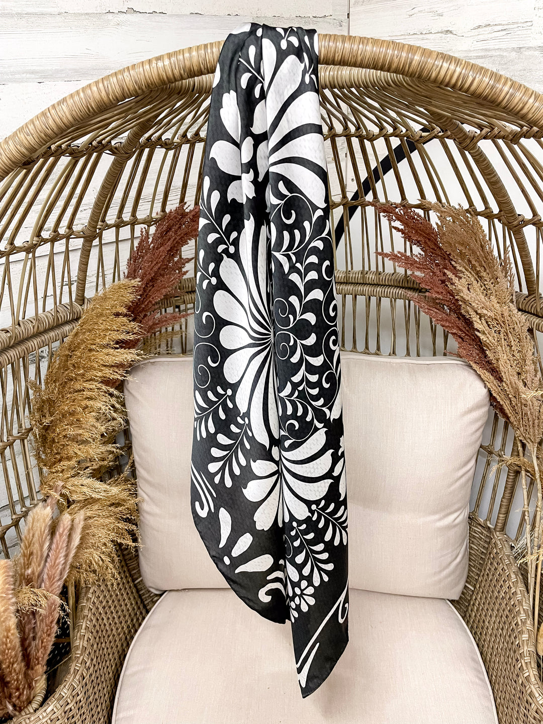 Fringe Scarves | Bonita White Swirly Wild Rag in Black