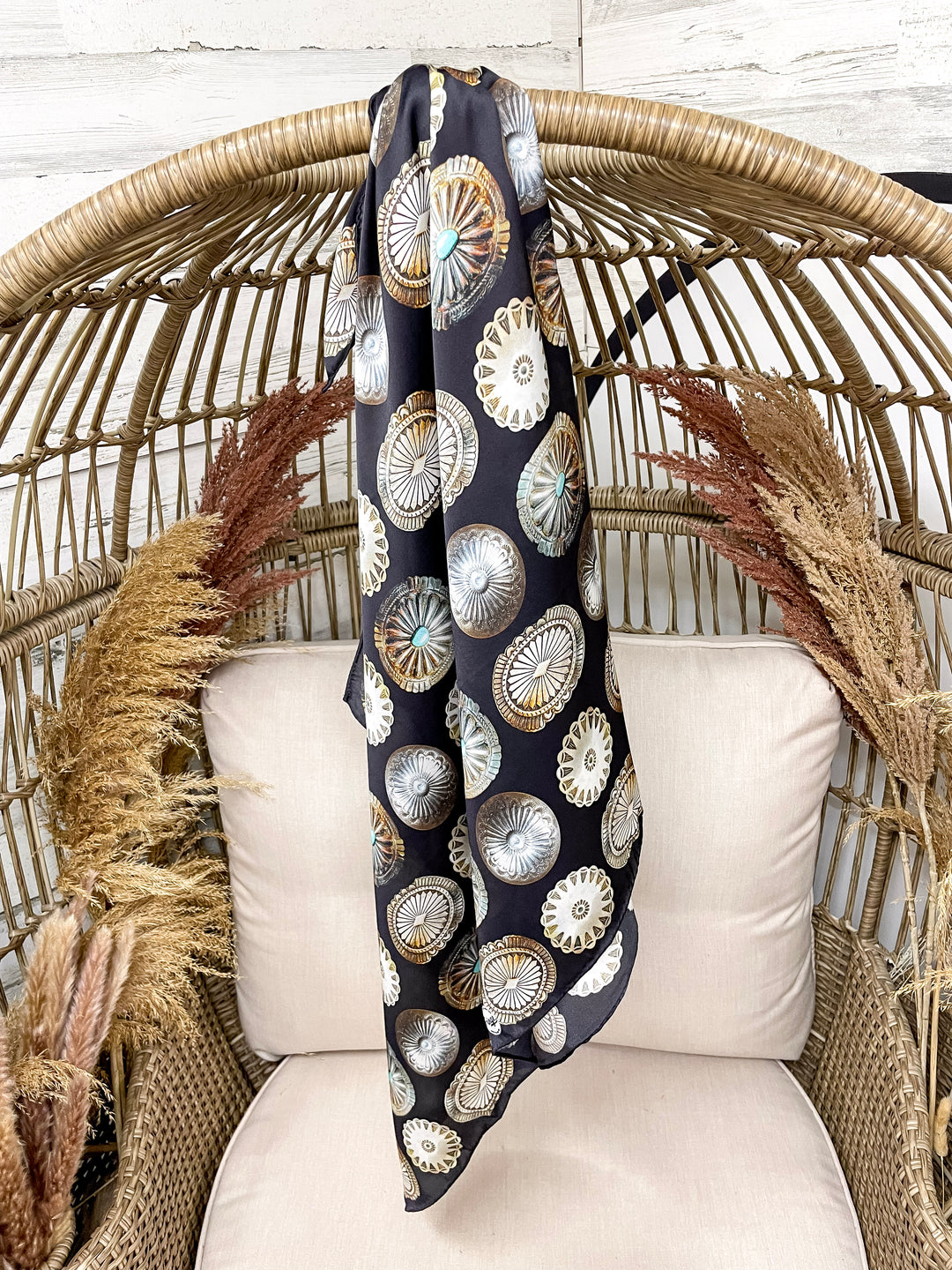 Fringe Scarves | Assorted Big Concho Wild Rag in Black and Silver