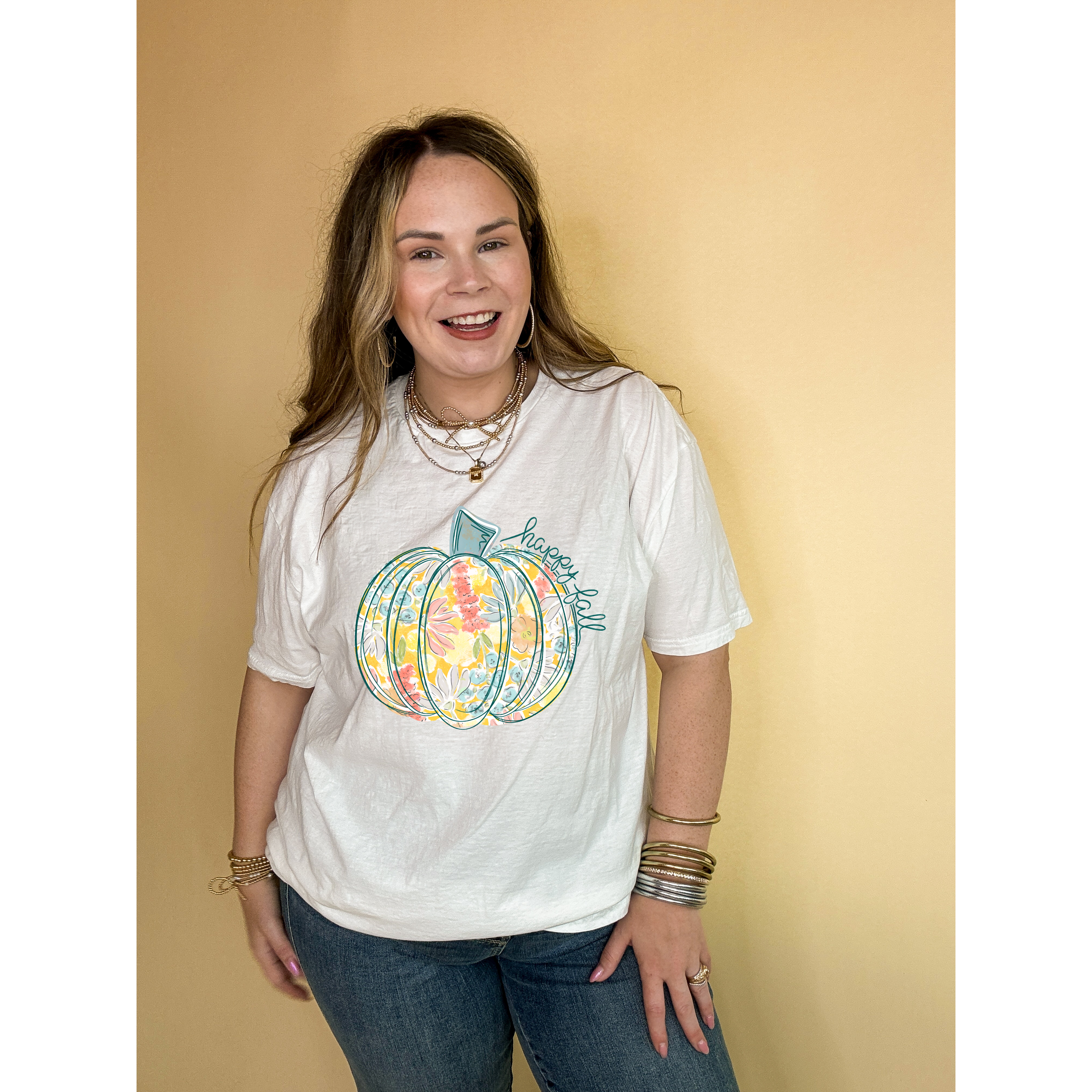 Online Exclusive | Happy Fall Floral Pumpkin Design Graphic Tee in Multiple Color Options