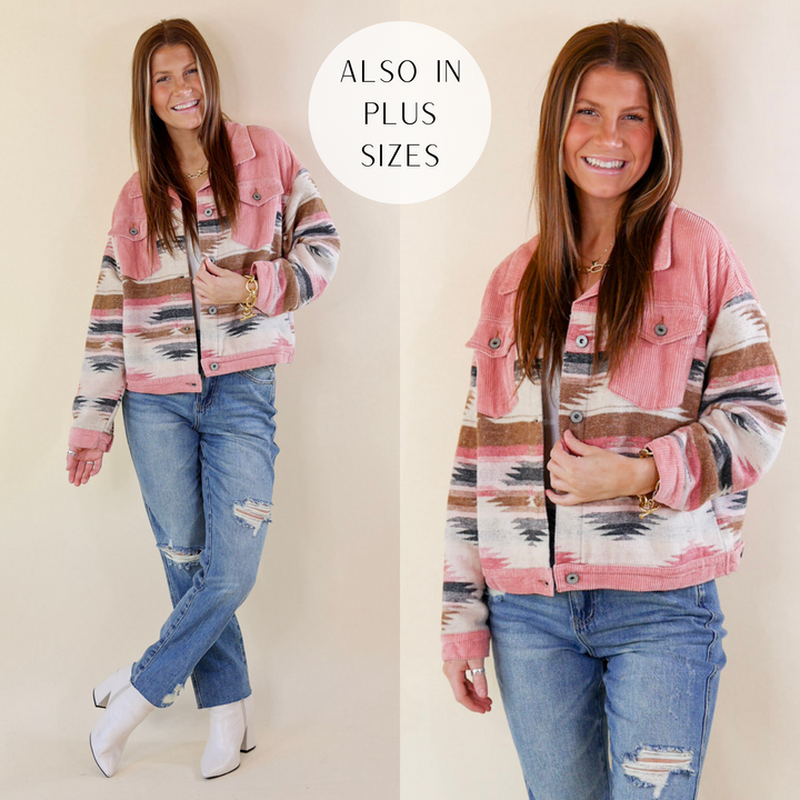 Model is wearing an aztec print corduroy pink jacket and has paired it with Judy Blue distressed jeans, white booties, and gold jewelry. 