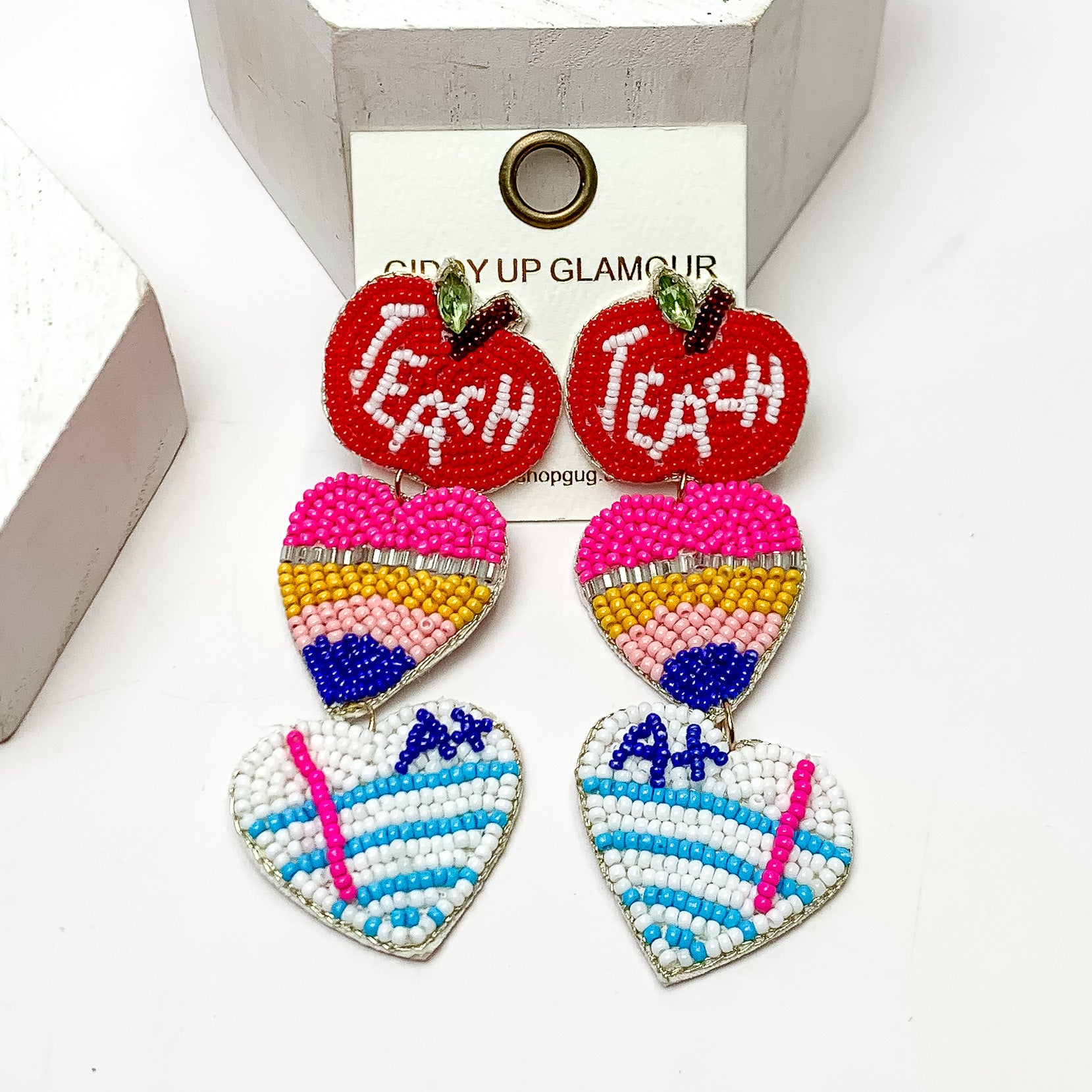 Three Tier Heart Beaded Earrings Teacher Themed in Multicolor - Giddy Up Glamour Boutique