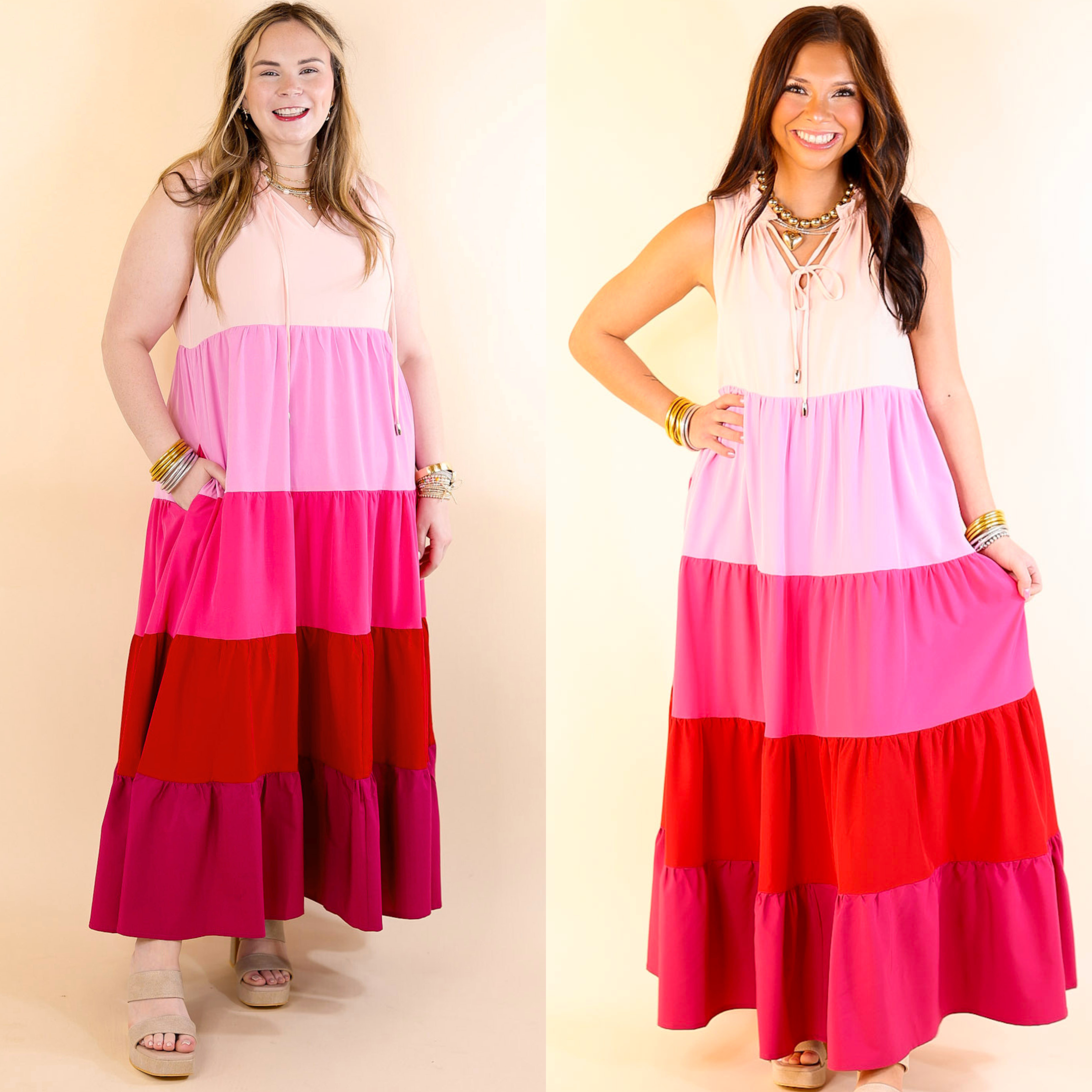 Calm Waters High Neck Tiered Maxi Dress in Pink Mix